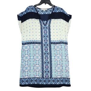 Daniel Rainn Sheer Mesh Swim Cover Up Blue Floral Block Pattern Medium‎ Pockets